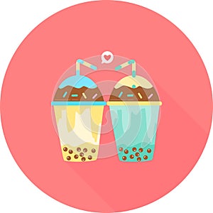 Milk tea with tapioca pearls in circle icon with long shadow illustration. Boba tea drink bright and pretty vector clip art. Bubbl