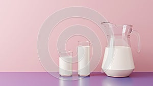 Milk in two glasses and milk jug. Dairy product