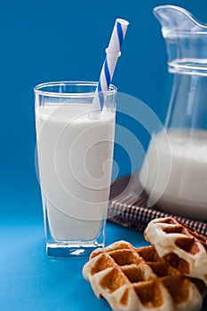 Milk with wafer on blue background