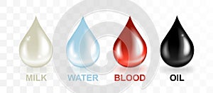 Milk, water, oil, blood drops set vector illustration