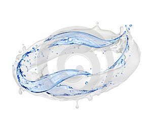 Milk with water splashes rotate in a circle on white background