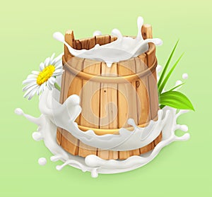 Milk. Wooden bucket. Natural dairy products. 3d vector icon