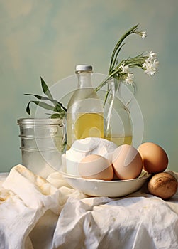 Milk wooden fresh preparation egg cook food ingredient white background flour table background