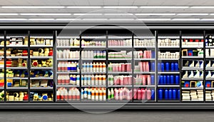 Milk and yoghurt product in Glass door vertical freezer at supermarket
