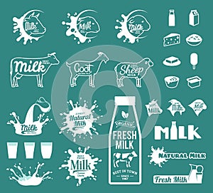 Milk, yogurt or cream splashes, icons and design elements