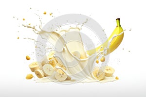 Milk yogurt splash with banana on white background commercial