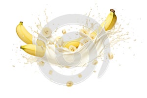 Milk yogurt splash with banana on white background commercial