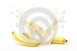 Milk yogurt splash with banana on white background commercial