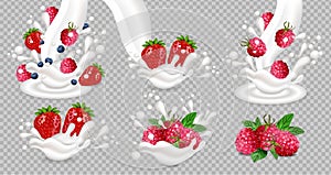 Milk or yogurt splash with berry fruits Vector realistic set collections isolated