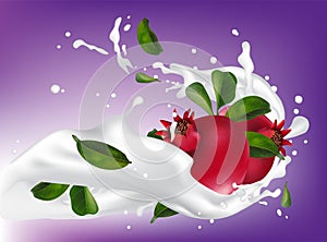 Milk or yogurt splash pomegranate fruit realistic 3d illustration for packaging. Pomegranate is falling into milk cocktail