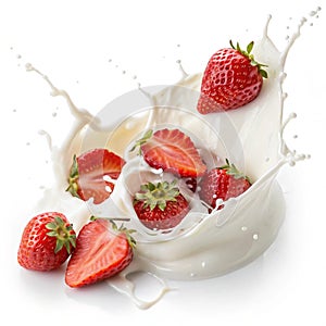Milk or yogurt splash with strawberries isolated on white background