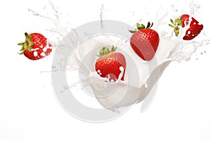 Milk yogurt splash with strawberry on white background commercial