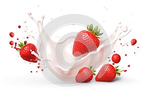 Milk yogurt splash with strawberry on white background commercial