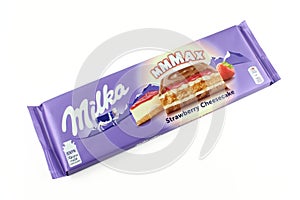 Milka mmmax Strawberry Cheesecake large alpine milk chocolate isolated on white background