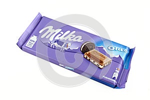 Milka OREO alpine milk chocolate isolated on white background