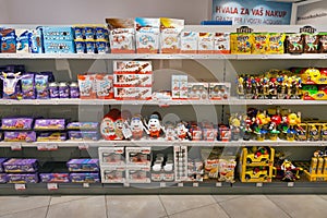 Chocolate store shelf in Travel Free shop. Skofije, Slovenia.