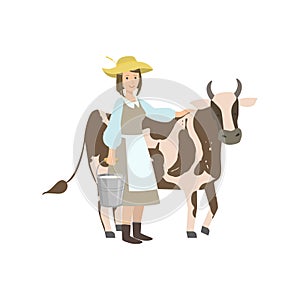 Milkmaid With Cow And Metal Bucket Milk