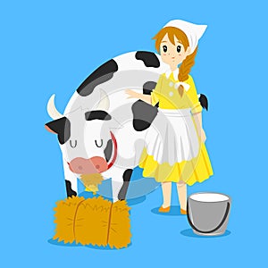 Milkmaid and Cow Vector photo