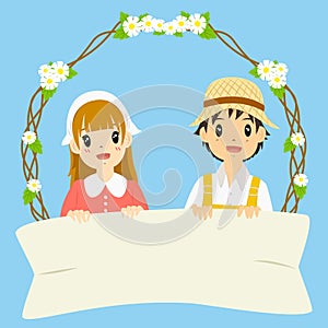 Milkmaid and Farmer Holding Blank Banner Vector photo