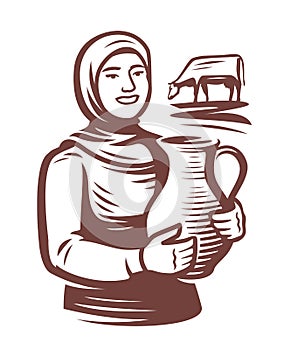 Milkmaid holding jug of fresh milk, near grazing cow. Creamery, dairy farm emblem or logo. Food and drink concept vector