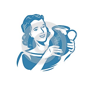 Milkmaid with jug of milk. Dairy products symbol or logo vector