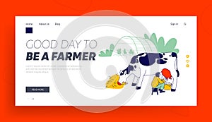 Milkmaid Milking Cow into Bucket Website Landing Page. Milk and Dairy Farmer Agriculture Products, Farming Rancher