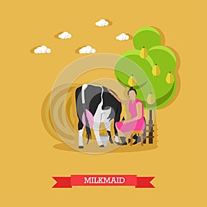 Milkmaid sitting near cow on farm, vector illustration