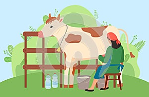 Milkmaid is working at countryside milking cow in field. Woman farmer near cow on nature landscape