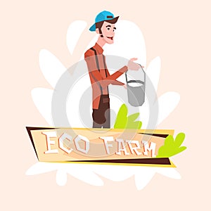 Milkman Farmer Hold Milk Pail Eco Farming Logo Concept