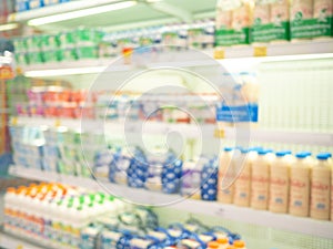 Milks sales department in supermarke, Blurred shopping mall and retails store interior for background. photo