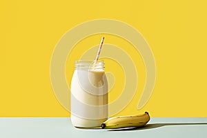Milkshake banana smoothie in glass jar with drinking straw
