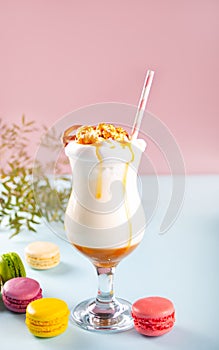 Milkshake with caramel syrup, popcorn and brezel waffles