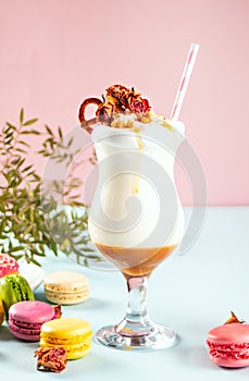 Milkshake with caramel syrup, popcorn and brezel waffles