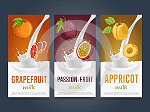 Milkshake concept with milk splash and fruit