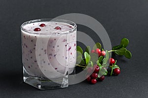 Milkshake with fresh lingonberries on a dark background. Berry smoothie. Healthy food, detox or diet concept. Copy space