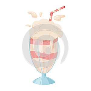 Milkshake in the glass vector cartoon illustration. Summer strawberry beverage with ice cream