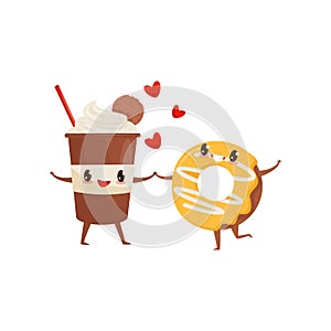 Milkshake and glazed donut are friends forever, fast food menu funny cartoon characters vector Illustration on a white