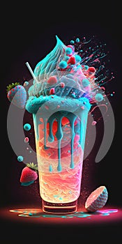 Milkshake with ice cream and berries in a glass on a black background