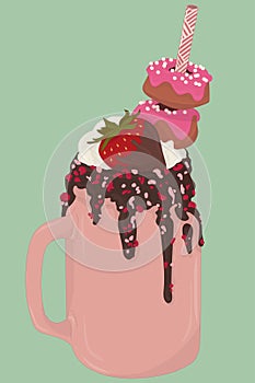 Milkshake in a pink jar with strawberry and donuts on green background