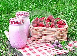 Milkshake with strawberry in basket on the green grass