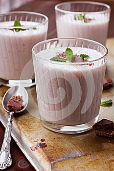 Milkshake with strawberry, chocolate and mint