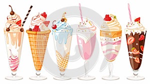 Milkshake, vanilla ice cream in a cone, ice cream balls in a cup, milky shake, drinks in glasses with straws. Sugar