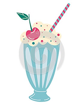 Milkshake with whipped cream and cherry. Smoothie, cocktail. Vector illustration of old fashioned milkshake cocktail with whipped