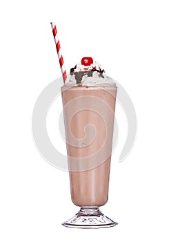 Milkshakes chocolate flavor with cherry on top and whipped cream