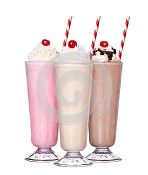 Milkshakes chocolate flavor ice cream set collection with cherry