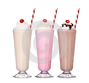 Milkshakes chocolate flavor ice cream set collection with cherry photo
