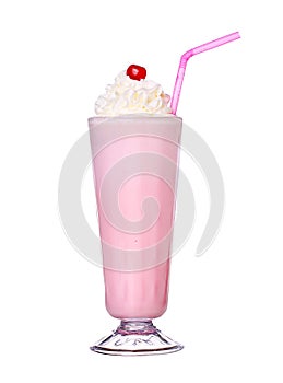 Milkshakes strawberry flavor with cherry and whipped cream