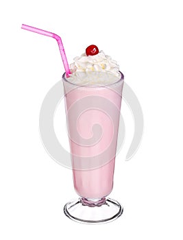 Milkshakes strawberry flavor with cherry and whipped cream