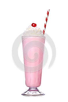 Milkshakes strawberry flavor with cherry and whipped cream