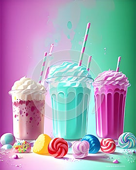 Milkshakes, sweets, candies on watercolor pastel background, poster, clipart, AI Generated